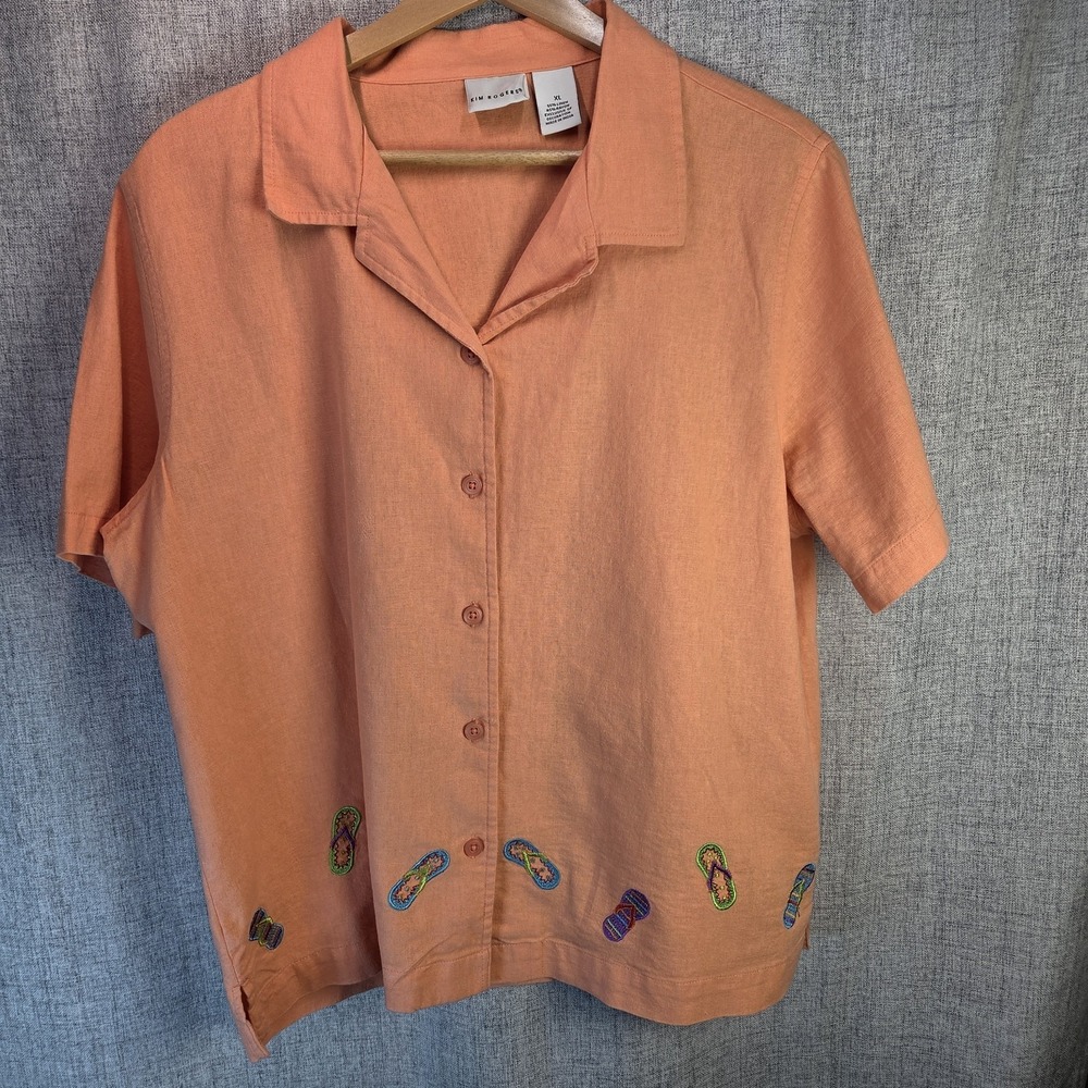 Kim Rogers Womens Linen Blend Orange Blouse Coastal Embroidered Flip Flops XL